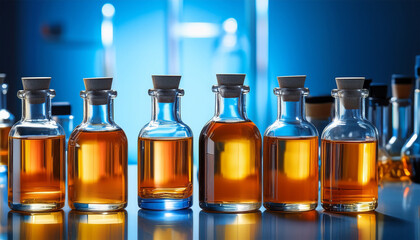 glass bottles filled with amber liquid sit on a sleek laboratory table illuminated by a vibrant blue background showcasing a modern and scientific aesthetic
