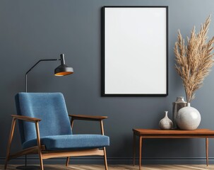 Modern armchair, lamp, and empty frame in a stylish room