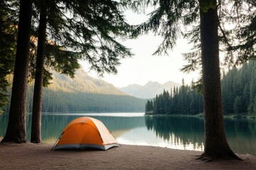 Serene lakeside camping scene with vibrant orange tent amid tall