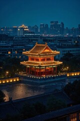 arafed building with lights on in front of a city skyline