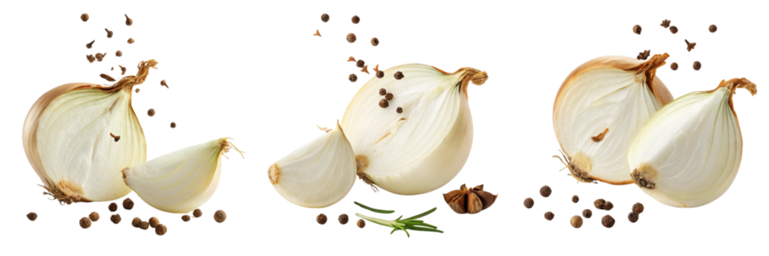 Set of A cut out whole onion bulb floating in mid air with cloves detaching dynamically isolated on a transparent background