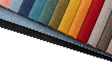 Palette of multicolored fabrics on a white background. Isolate of the collection of fabrics
