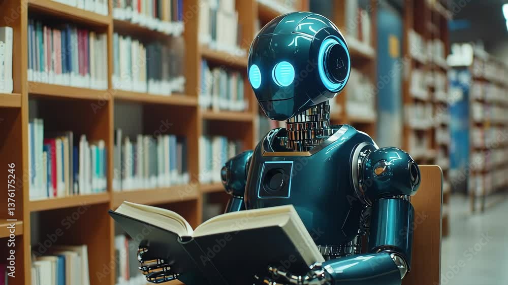 Poster robot ai sits in the library and reads a book. concept of text generation, ai training and informati