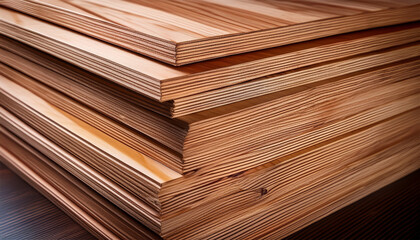 close up view of stacked plywood boards showcasing their layered structure smooth surfaces and fine wood texture in warm brown tones