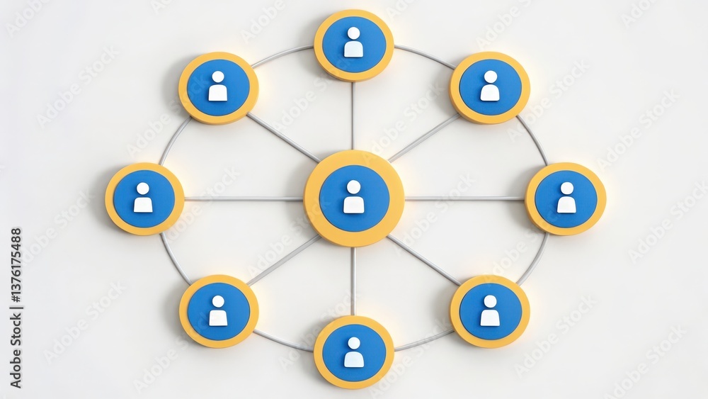 Poster a circular network diagram featuring icons representing users, showcasing connections and relationsh