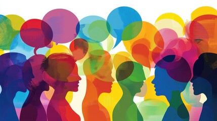 Diverse colorful thinking and speech bubbles surrounding a panoramic banner of silhouetted community members' heads, representing dynamic team collaboration and effective communication. illustration