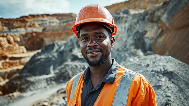 Portrait worker African male adult engineer in sand quarry mine wearing safety helmet