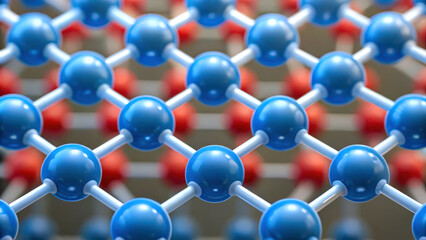 Obraz premium Hydrogen fuel cells, A close-up view of a molecular structure featuring blue and red spheres connected by white bonds, representing a complex lattice formation.