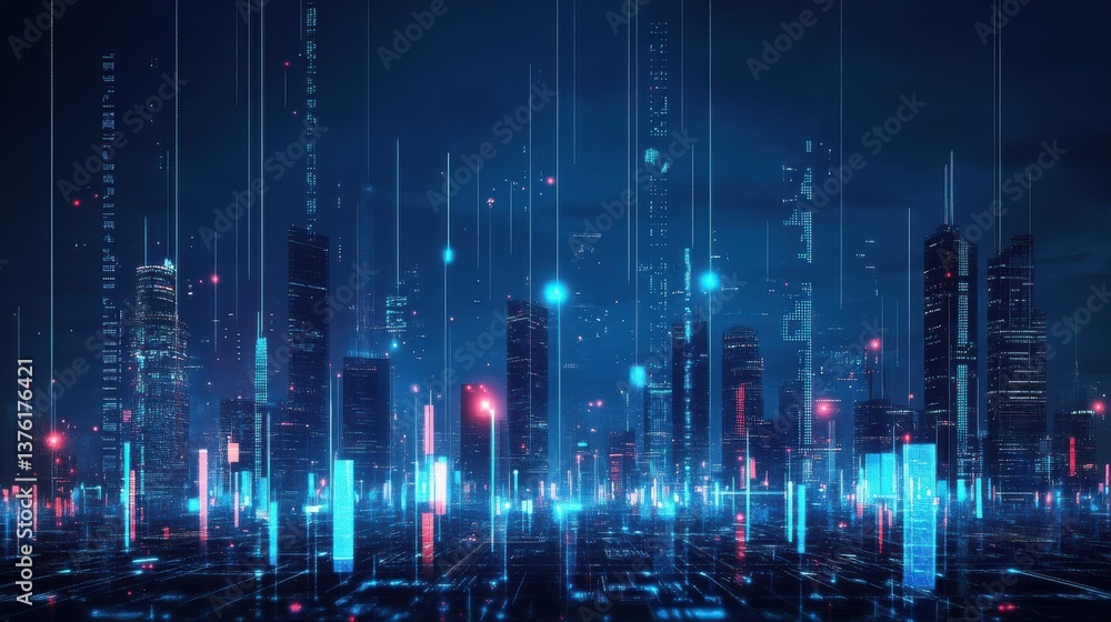 Poster a futuristic city skyline with abstract data visualizations and glowing elements representing techno