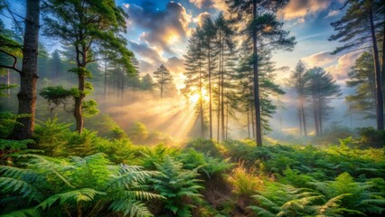 Obraz premium Golden Sunlight Illuminates a Misty Forest Filled with Lush Green Ferns and Tall Trees at Dawn