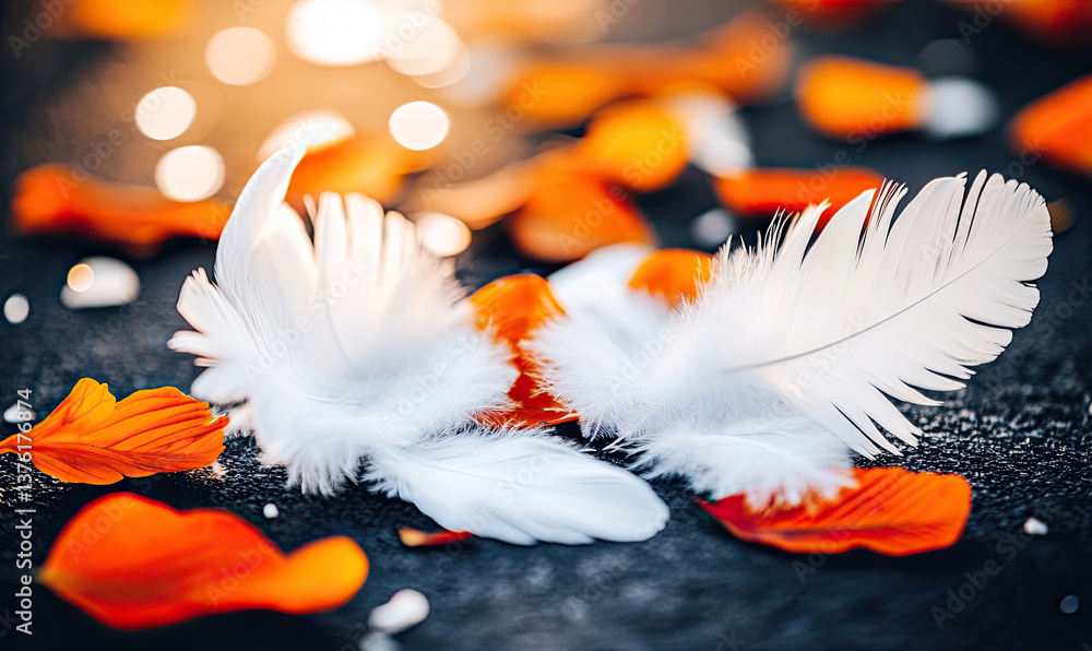 Poster delicate white feathers rest gently on vibrant orange petals, creating a serene and visually captiva