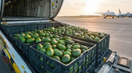 Fresh avocados being loaded onto a cargo plane at an airport during sunset