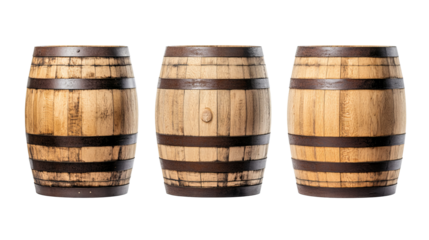 Three light oak wine barrels with iron hoops, cut out transparent