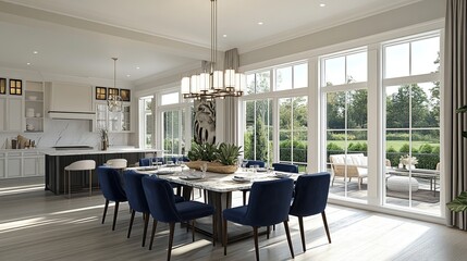 Bright dining room with marble table, navy chairs, and chandelier illuminated by expansive windows 