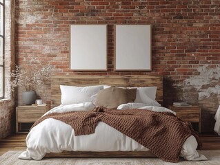 A rustic-modern bedroom with exposed brick walls, a wooden bed, and two blank canvas artworks resting against the wall.