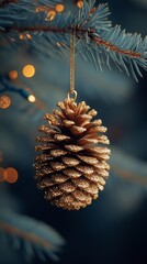 Glittering Golden Pine Cone Ornament Hanging on a Decorated Christmas Tree With Twinkling Lights