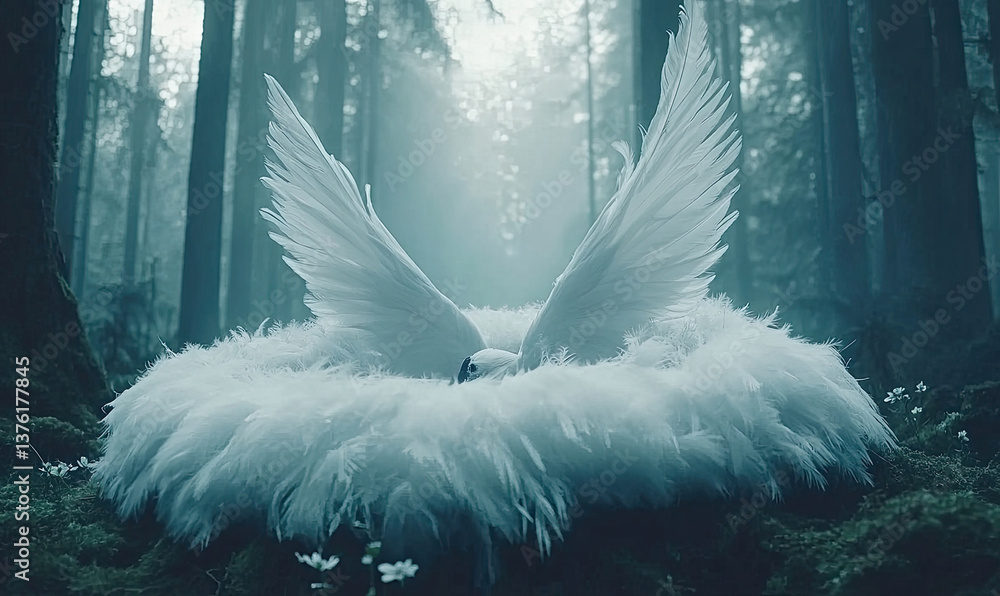 Aufkleber enchanting image of a creature with large white wings nestled in a soft, feathery nest within a myst