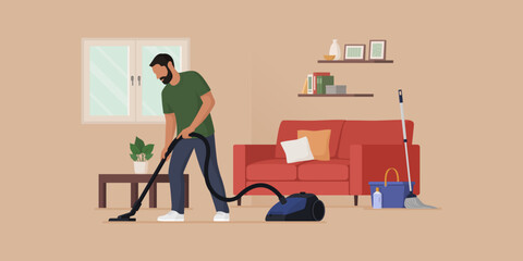 Man cleaning up his apartment and hoovering the floor