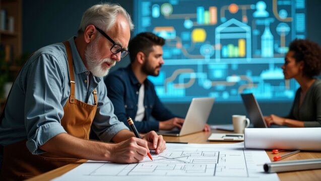 Architect Drawing Plans with Team Analyzing Data in Modern Office