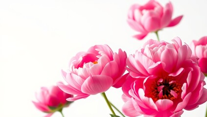 Fototapeta premium Vibrant pink peonies in full bloom with detailed petals and green leaves against white background