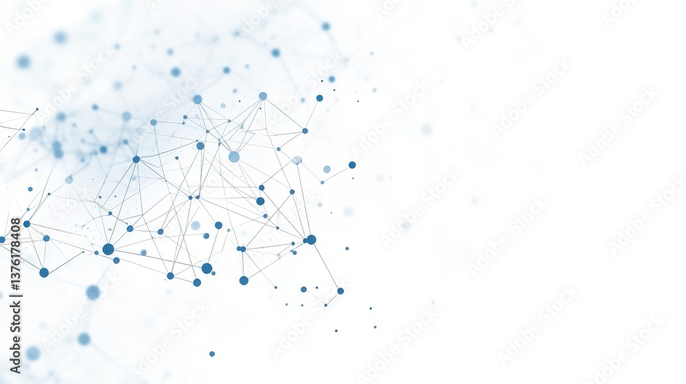 Poster a white background with dots and lines depicting a blue network. an abstract network technology back