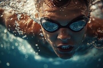 Fototapeta premium Determined Swimmer Powerfully Breaking the Surface in Freestyle Competition