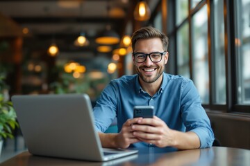 Happy man in glasses using smartphone and laptop in a cozy café with warm lighting and a blurred background. Concept of remote work and digital communication. Ai generative