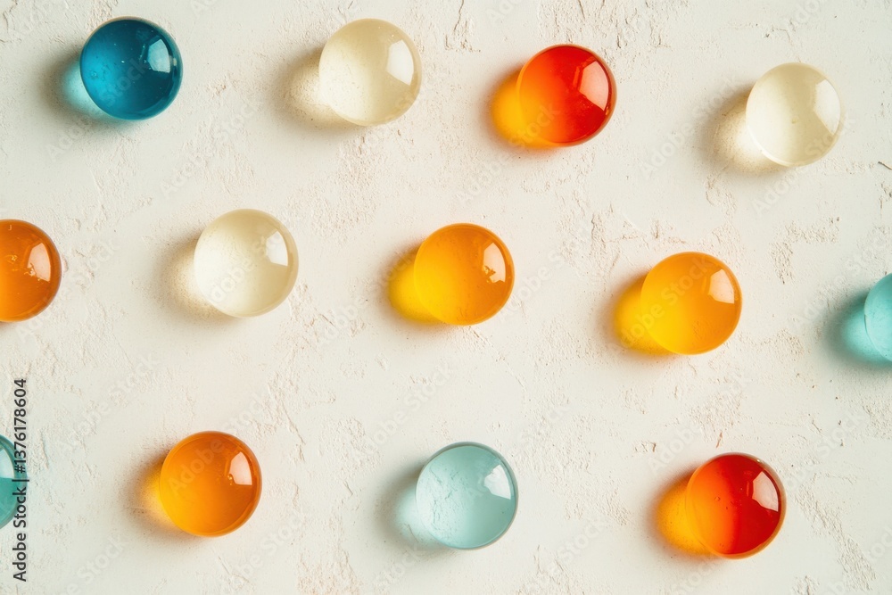Poster Colorful gel droplets arranged on a textured surface create an artistic display
