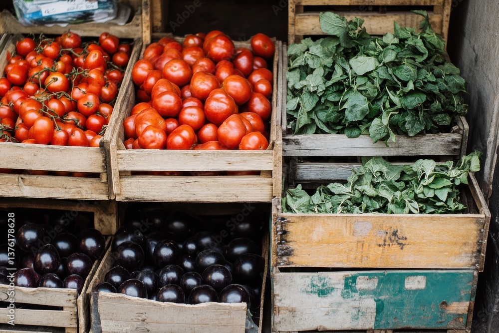 Poster fresh vegetables displayed in wooden crates at a local market during the morning hours in an urban s