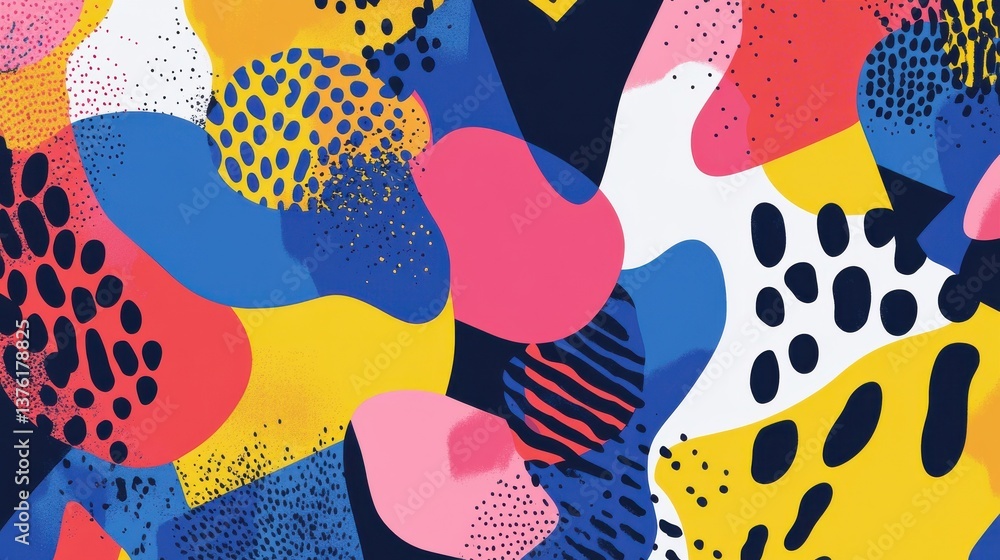 Poster a colorful abstract background with a lot of different shapes and colors. risograph effect, trendy r