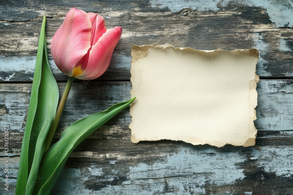 Poster pink tulip placed beside empty textured paper on rustic wooden table in natural light
