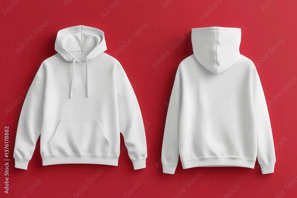 Poster blank white hoodie displayed on a vibrant red background, showcasing its simple design and versatile