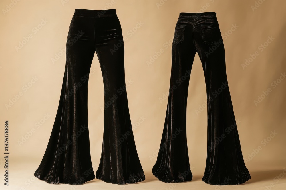 Poster flare pants made of velvet displayed against a neutral background, showcasing both front and back vi