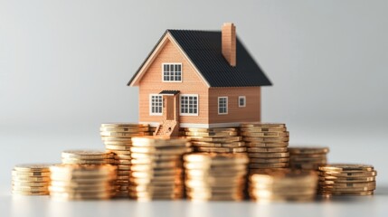 Miniature wooden house on top of stacked gold coins symbolizing wealth, prosperity, and investment against a light gray background in studio setting