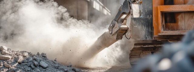 Excavator digging on construction site creates dust cloud in urban area during daylight hours