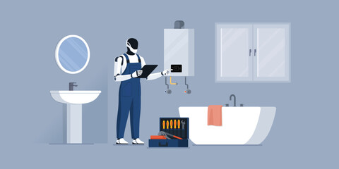 Plumber robot checking a boiler at home