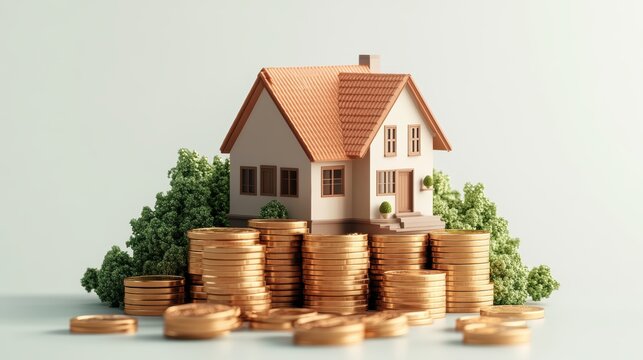 A miniature house prominently positioned on a large stack of gleaming gold coins surrounded by lush green bushes against a light grey background