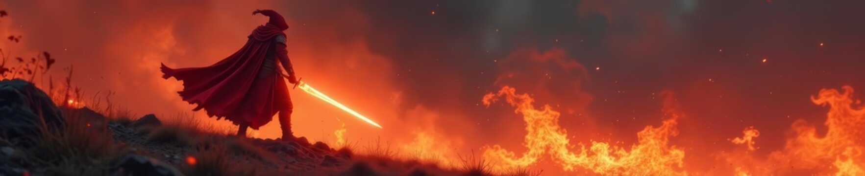 Epic fantasy warrior in battle stance with glowing sword, fiery background, HD, epic, wallpaper