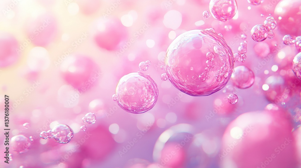 Poster a playful blend of pink bubbles and spheres in a refreshing water setting, creating a colorful and b