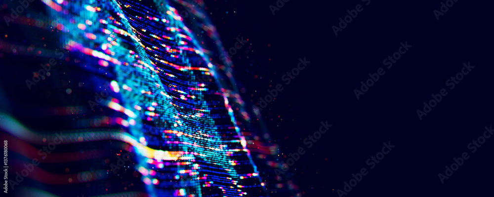Poster Abstract Big data digital stream waves. Information flow concept. LLM learning process, AI technology. Quantum computing. 