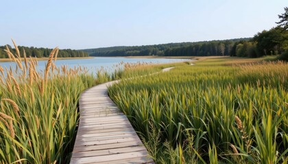 Fototapeta premium A serene lakeside trail with wooden boardwalks through tall grass and reeds.