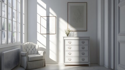 Modern White Living Room Corner with Dresser and Poster Interior Design Inspiration