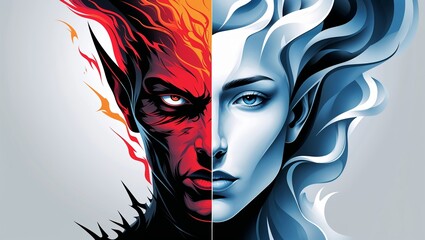 Duality of fire and ice, good and evil, represented by a pair of faces.