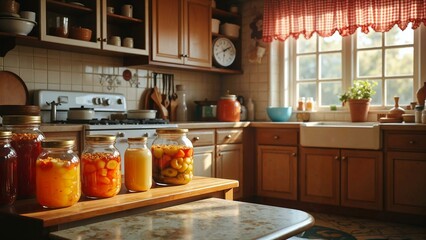 Retro-style kitchen with jars of fermenting fruit vinegar and kefir illuminated by sunlight