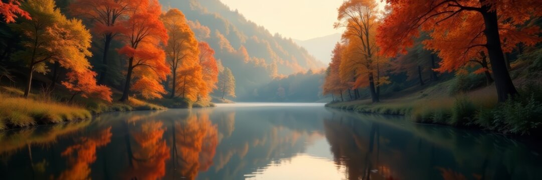 Fall colours reflected in forest river with tilt shift effect, photography, river, tilt shift