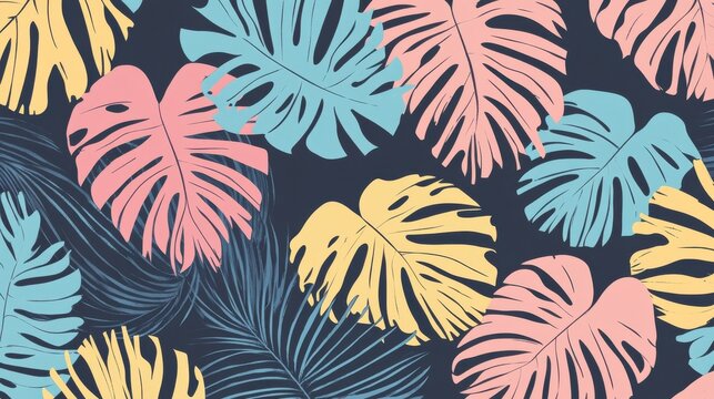 Playful seamless pattern featuring pastel colored tropical leaves illustration