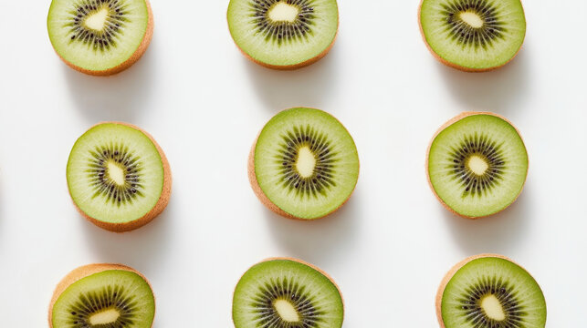 A clean white background showcases a group of fresh kiwis