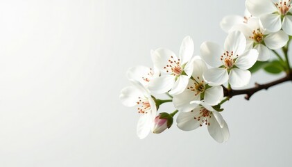 Delicate white blossoms on a branch against pure white , ecosystem, subtle, background