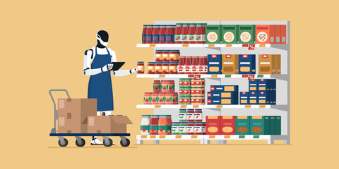 Humanoid robot working at the supermarket