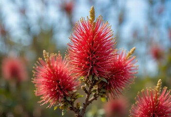 A close-up of blooming red bottle brush tree flowers